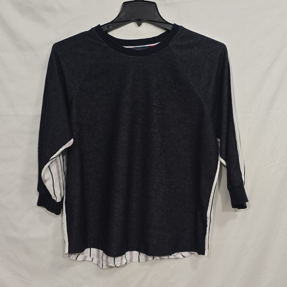 Tommy Hilfiger Womens L Pullover Blouse Crew Neck Blue/White Striped Logo